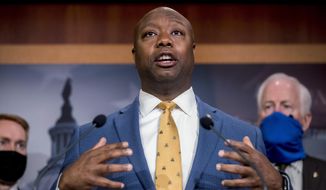 In this June 17, 2020, photo, Sen. Tim Scott, R-S.C., speaks at a news conference on Capitol Hill in Washington. (AP Photo/Andrew Harnik) **FILE**