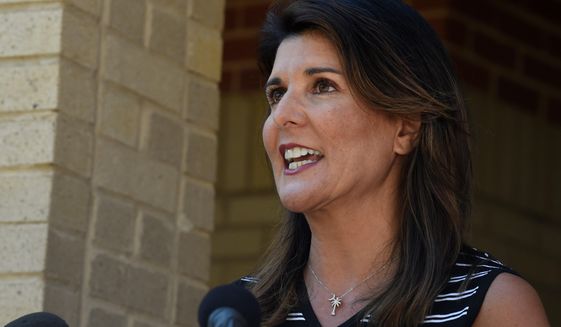 Former South Carolina Gov. Nikki Haley speaks with reporters after a tour of the campus of South Carolina State University on Monday, April 12, 2021, in Orangeburg, S.C. Haley, often mentioned as a possible 2024 GOP presidential contender, said Monday that she would not seek her party&#39;s nomination if former President Donald Trump opts to run a second time. (AP Photo/Meg Kinnard)