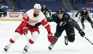 Detroit Red Wings right wing Anthony Mantha (39) gets around Tampa Bay Lightning defenseman Cal Foote (52) during the third period of an NHL hockey game Saturday, April 3, 2021, in Tampa, Fla. (AP Photo/Chris O&#39;Meara) **FILE**