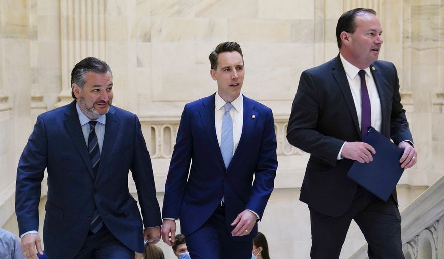 Sen. Ted Cruz, R-Texas, left, Sen. Josh Hawley, R-Mo., center, and Sen. Mike Lee, R-Utah, right, arrive to talk about legislation to end Major League Baseball's special immunity from antitrust laws during a news conference on Capitol Hill in Washington, Tuesday, April 13, 2021. (AP Photo/Susan Walsh)  **FILE**