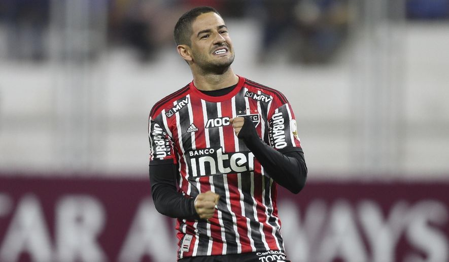 FILE - Alexandre Pato of Brazil&#39;s Sao Paulo celebrates after scoring against Peru&#39;s Binacional during a Copa Libertadores soccer match at the Guillermo Briceno Stadium in Juliaca, Peru, in this Thursday, March 5, 2020, file photo. Pato was without a club after departing São Paulo last summer but got an enticing offer from Orlando City after the team loaned Daryl Dike to Barnsley of the English Championship. (AP Photo/Martin Mejia, File)