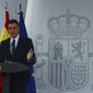 Spain&#39;s Prime Minister Pedro Sanchez talks during a press conference at the Moncloa Palace in Madrid, Spain, Tuesday, April 13, 2021. (Sergio Perez/Pool photo via AP)