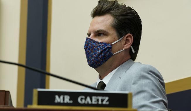 Rep. Matt Gaetz, R-Fla., attends a House Judiciary committee markup at the Capitol in Washington, Wednesday, April 14, 2021. (AP Photo/J. Scott Applewhite)