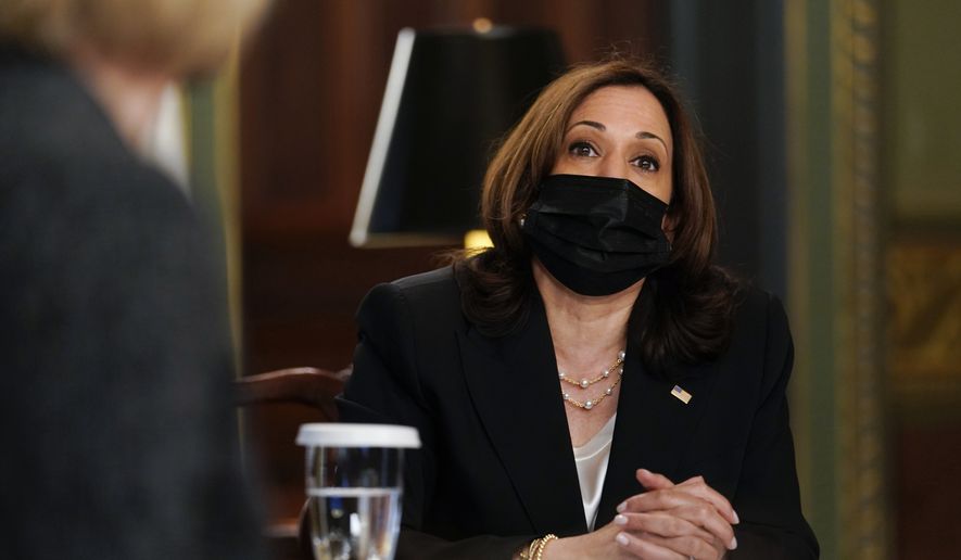 Vice President Kamala Harris speaks during a virtual meeting with outside national security experts in Vice President&#x27;s ceremonial office at the Eisenhower Executive Office Building on the White House complex in Washington, Wednesday, April 14, 2021. (AP Photo/Carolyn Kaster)