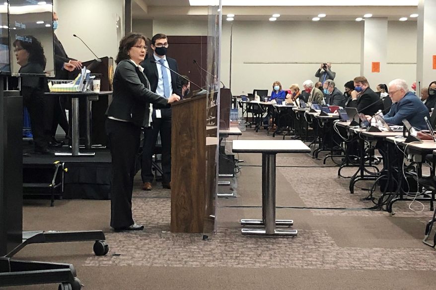 State Rep. Peggy Mayfield, R-Martinsville, speaks during an Indiana House session on April 1, 2021 in Indianapolis. The Indiana House voted Wednesday, April 14, to give final approval to a bill sponsored by Mayfield requiring doctors to tell women undergoing drug-induced abortions about a disputed treatment that could stop the abortion process. (AP Photo/Tom Davies)