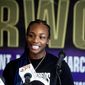 FILE - Boxers Claressa Shields speaks during a news conference ahead of a women&#39;s super welterweight title fight against Eve Dicaire in Flint, Mich., in this Wednesday, March 3, 2021, file photo. Two-time Olympic boxing gold medalist Claressa Shields has a date and an opponent for her mixed martial arts debut with the Professional Fighters League. Shields will fight Brittney Elkin on June 10, the promotion told The Associated Press on Wednesday, April 14, 2021. (Jake May/The Flint Journal via AP, File)