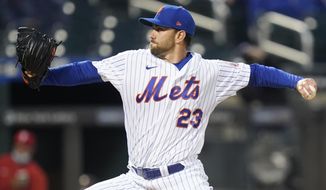 New York Mets&#39; David Peterson (23) delivers a pitch during the first inning of a baseball game against the Philadelphia Phillies Wednesday, April 14, 2021, in New York. (AP Photo/Frank Franklin II)