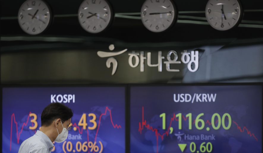 A currency trader walks by the screens showing the Korea Composite Stock Price Index (KOSPI), left, and the foreign exchange rate between U.S. dollar and South Korean won at the foreign exchange dealing room in Seoul, South Korea, Thursday, April 15, 2021. Asian stock markets were mixed Thursday after Wall Street retreated from a record high as major banks reported strong profits at the start of U.S. earnings season. (AP Photo/Lee Jin-man)