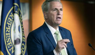 House Minority Leader Kevin McCarthy of Calif., Thursday, April 15, 2021, speaks during a news conference on Capitol Hill in Washington. (AP Photo/Jacquelyn Martin)