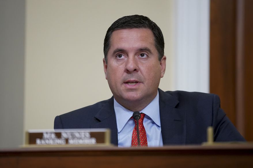 Rep. Devin Nunes, R-Calif., speaks during a House Intelligence Committee hearing on Capitol Hill in Washington, Thursday, April 15, 2021. (Al Drago/Pool via AP) ** FILE **