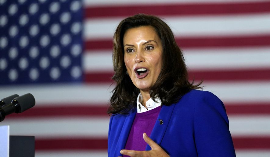 In this Oct. 16, 2020, file photo, Michigan Gov. Gretchen Whitmer speaks at Beech Woods Recreation Center, in Southfield, Mich. (AP Photo/Carolyn Kaster, File)