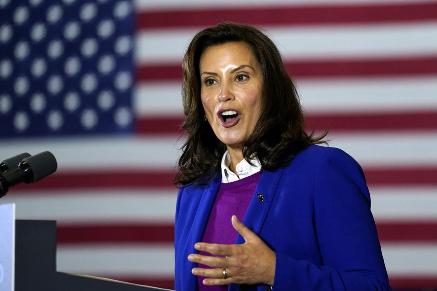 In this Oct. 16, 2020, file photo, Michigan Gov. Gretchen Whitmer speaks at Beech Woods Recreation Center, in Southfield, Mich. (AP Photo/Carolyn Kaster, File)