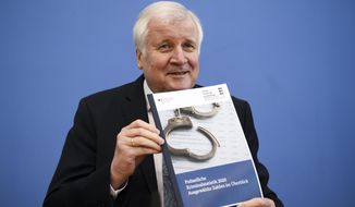 German Interior Minister Horst Seehofer presents the crime statistics report for 2020 during a news conference in Berlin, Germany, Thursday, April 15, 2021. (Annegret Hilse/Pool via AP)