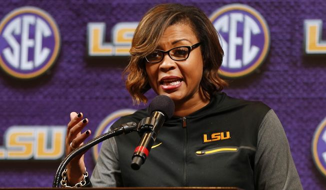 FILE - LSU women&#x27;s NCAA college basketball head coach Nikki Fargas speaks during the Southeastern Conference basketball media day in Birmingham, Ala., in this Thursday, Oct. 17, 2019, file photo. Nikki Fargas is in negotiations to become Las Vegas Aces president, a person familiar with the discussions told The Associated Press. The person spoke to the AP on Friday, April 16, 2021, on condition of anonymity because no deal has been finalized. (AP Photo/Butch Dill, File)