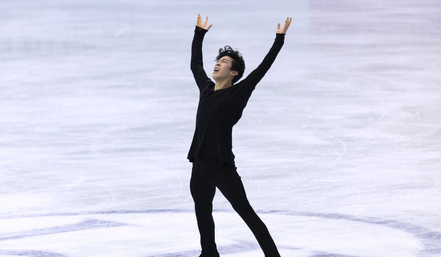USA&#x27;s Nathan Chen performs during the men&#x27;s free skating program of the ISU World Team Trophy figure skating competition in Osaka, western Japan, Friday, April 16, 2021. (AP Photo/Hiro Komae)