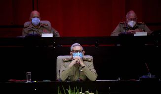 Raul Castro, first secretary of the Communist Party and former president, attends the VIII Congress of the Communist Party of Cuba&#39;s opening session, at the Convention Palace in Havana, Cuba, Friday, April 16, 2021. (Ariel Ley Royero/ACN via AP)