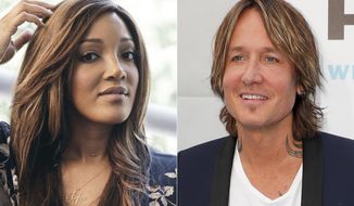 In this Aug. 3, 2020 photo, Mickey Guyton is photographed during a remote portrait session in Los Angeles on Aug. 3, 2020, left, and Keith Urban appears at the 13th Annual ACM Honors in Nashville, Tenn. on August 21, 2019. Guyton and Urban will host the Academy of Country Music Awards in April. (AP Photo)