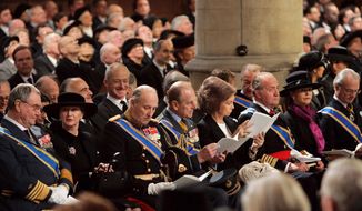 FILE - In this Saturday, Dec. 11, 2004, file photo, from left: Danish Prince Henrik, Queen Sonja and King Harald from Norway, Britain&#39;s Prince Philip, Queen Sofia, and King Juan Carlos from Spain and Queen Silvia and King Carl XVI Gustaf from Sweden during the funeral service of Dutch Prince Bernhard in the Nieuwe Kerk or New Church in Delft, The Netherlands. Prince Philip&#39;s life spanned just under an entire century of European history. His genealogy was just as broad, with Britain&#39;s longest-serving consort linked by blood and marriage to most of the continent&#39;s royal houses. (AP Photo/Jasper Juinen, File)