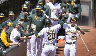 Oakland Athletics&#x27; Mark Canha (20) celebrates with Matt Olson (28) after hitting a solo home run against the Detroit Tigers during the second inning of a baseball game on Saturday, April 17, 2021, in Oakland, Calif. (AP Photo/Tony Avelar)