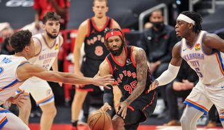 Toronto Raptors&#39; DeAndre Bembry (95) looks to pass the ball under pressure from Oklahoma City Thunder&#39;s Lugeuntz Dort (5), Isaiah Roby, left, and Ty Jerome (16) during the first quarter of a basketball game Sunday, April 18, 2021, in St. Petersburg, Fla. (AP Photo/Steve Nesius)