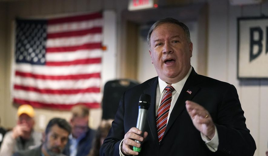 In this March 26, 2021, photo, former Secretary of State Mike Pompeo speaks at the West Side Conservative Club in Urbandale, Iowa. (AP Photo/Charlie Neibergall) **FILE**