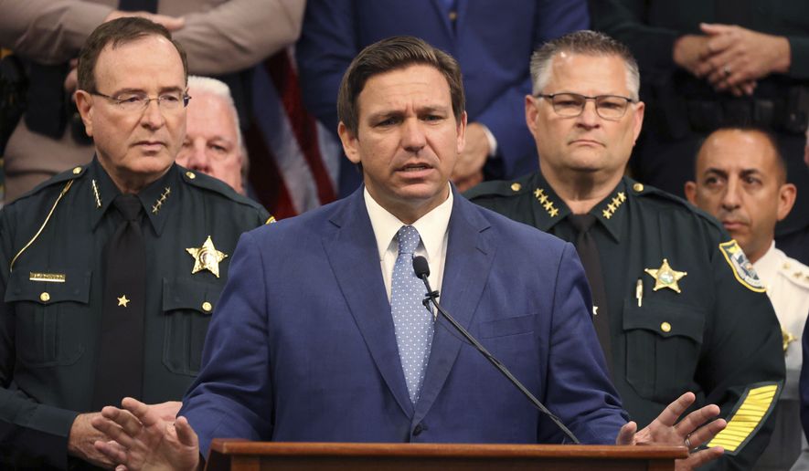 Gov. Ron DeSantis is shown in this file photo at a news conference at the Polk County Sheriff&#39;s Office in Winter Haven, Fla., on Monday, April 19, 2021. (Ricardo Ramirez Buxeda/Orlando Sentinel via AP)  **FILE**