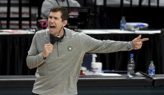 Boston Celtics coach Brad Stevens reacts to an official&#39;s call during the second half of the team&#39;s NBA basketball game against the Portland Trail Blazers in Portland, Ore., Tuesday, April 13, 2021. The Celtics won 116-115. (AP Photo/Steve Dykes)