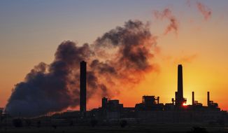 In this July 27, 2018, file photo, the Dave Johnson coal-fired power plant is silhouetted against the morning sun in Glenrock, Wyo. More than 300 businesses and investors are calling on the Biden administration to set an ambitious climate change goal that would cut U.S. greenhouse gas emissions by at least 50% below 2005 levels by 2030. (AP Photo/J. David Ake, File)