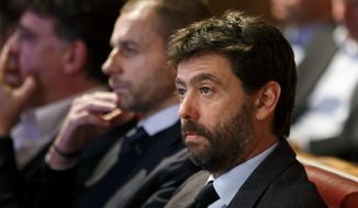 FILE - In this Monday, Dec. 17, 2018 filer, UEFA president Aleksander Ceferin, center, and the Chairman of the European Club Association, ECA, Italy&#39;s Andrea Agnelli, right, attend the drawing of the matches for the Champions League 2018/19 Round of 16, at the UEFA headquarters in Nyon, Switzerland. The 12 European clubs planning to start a breakaway Super League have told the leaders of FIFA and UEFA that they have begun legal action aimed at fending off threats to block the competition. A letter has been sent by the group of English, Spanish and Italian clubs to FIFA President Gianni Infantino and UEFA counterpart Aleksander Ceferin saying the Super League has already been underwritten by a grant of $5.5 billion from a financial institution. (Salvatore Di Nolfi/Keystone via AP)