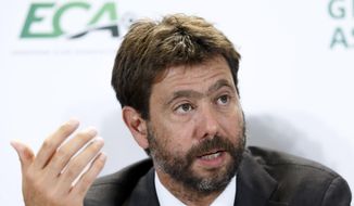 FILE - In this Italy&#39;s Andrea Agnelli, chairman of the European Club Association, ECA, speaks to the media, during a press conference after the general assembly of the European Club Association, ECA, in Geneva, Switzerland. If the stylish and swashbuckling soccer romantic Giovanni Agnelli represented the epitome of club presidents a few generations ago, his nephew Andrea Agnelli’s affinity for the cut-throat business side of the sport falls more in line with the American and foreign owners who are gobbling up the European game. (Salvatore Di Nolfi/Keystone via AP, File )