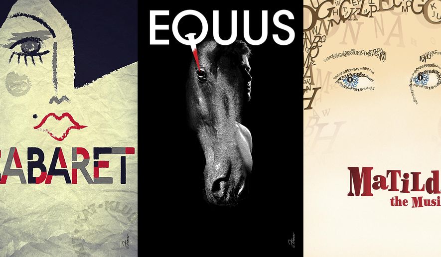 This combination of photos shows rejected theatrical poster art from "Cabaret, from left, "Equus," and "Matilda The Musical," designed by Frank Verlizzo and available for purchase. All proceeds go to the aid organization Broadway Cares/Equity Fights AIDS. (Frank Verlizzo via AP)