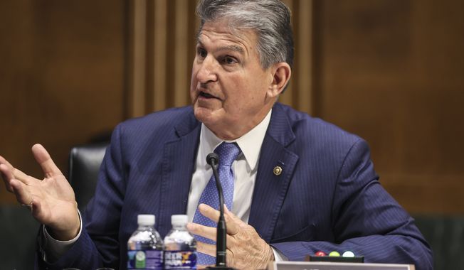 Sen. Joe Manchin, D-WV., speaks during a Senate Appropriations Committee hearing to examine the American Jobs Plan, focusing on infrastructure, climate change, and investing in our nation&#x27;s future on Tuesday, April 20, 2021 on Capitol Hill in Washington.  (Oliver Contreras/The Washington Post via AP, Pool)