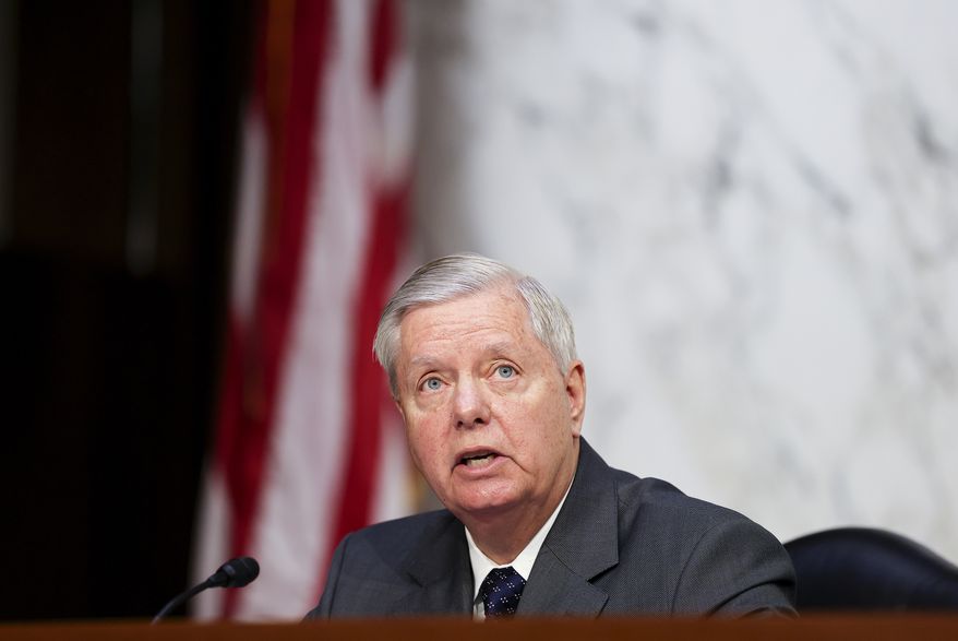 Sen. Lindsey Graham, R-S.C., speaks during a Senate Judiciary Committee hearing on voting rights on Capitol Hill in Washington, Tuesday, April 20, 2021. (Evelyn Hockstein/Pool via AP)