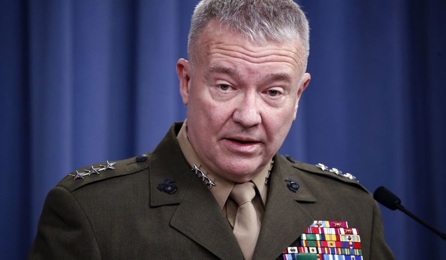 FILE - In this April1 14, 2018, file photo, then-Marine Lt. Gen. Kenneth &quot;Frank&quot; McKenzie speaks during a media availability at the Pentagon in Washington.   In a blunt assessment Tuesday, Gen. Frank McKenzie, head of U.S. Central Command, told Congress it will be extremely difficult but not impossible for the U.S. to find, track and take out counterterrorism threats in Afghanistan once all American troops are withdrawn.   (AP Photo/Alex Brandon, File)