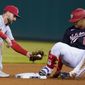 Washington Nationals&#39; Juan Soto (22) is safe a second base with double ahead of the tag by St Louis Cardinals shortstop Paul DeJong (11) during the seventh inning of a baseball game at Nationals Park, Monday, April 19, 2021, in Washington. (AP Photo/Alex Brandon)