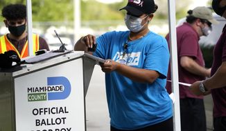 FILE - In this Oct. 26, 2020 file photo, an election worker stamps a vote-by-mail ballot dropped off by a voter before placing it in an official ballot drop box before at the Miami-Dade County Board of Elections in Doral, Fla. Democrats, voting rights advocates and the county officials responsible for running elections in Florida appeared powerless to halt moves by Republican lawmakers on Tuesday, April 20, 2021, to tighten the ways in which citizens can cast ballots.   (AP Photo/Lynne Sladky, File)