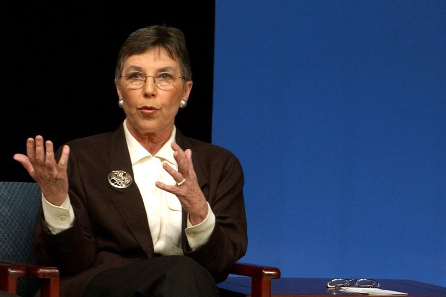 FILE - In this Feb. 9, 2003, file photo, former Oregon Congresswoman Elizabeth Furse answers a question from the audience during a town hall meeting in Milwaukie, Ore. Furse, who represented northwest Oregon in Congress for three terms in the 1990s and championed the rights of Native Americans, has died from complications related to a fall, her former husband said. She was 84 and died Sunday, April 18, 2021, said John Platt. (AP Photo/Greg Wahl-Stephens, File)