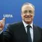 FILE - In this file photo dated Thursday, Aug. 30, 2018, Real Madrid President Florentino Perez gives a thumbs up as he arrives for the UEFA Champions League draw at the Grimaldi Forum, in Monaco. Perez says the Super League is being created now to save soccer amid the coronavirus pandemic, but the idea of the new elite league has existed way before the pandemic ever hit and he has been behind it from the start. (AP Photo/Claude Paris, File)