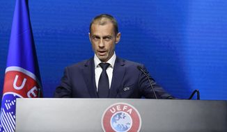 UEFA President Aleksander Ceferin speaks during the 45th UEFA Congress in Montreux, Switzerland, Tuesday April 20, 2021. Ceferin has directly appealed to the owners of English clubs in the Super League project to change their minds out of respect for soccer fans. Ceferin both cajoled and criticized the six-club English group made up of American billionaires, Arab royalty and a Russian oligarch. (Richard Juilliart/UEFA via AP)
