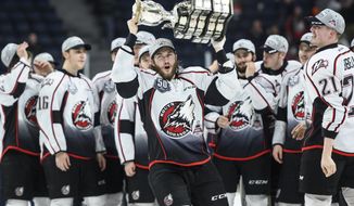 FILE - In this May 26, 2019, file photo, Rouyn-Noranda Huskies&#39; William Cyr, center, celebrates with teammates after a win over the Halifax Mooseheads to win the Memorial Cup hockey championship in Halifax, Nova Scotia. The Memorial Cup championship for the Canadian Hockey League was canceled for a second consecutive year because of the pandemic. The Ontario Hockey League on Tuesday, April 20, 2021, abandoned its plans to hold a season, a move that complicates the evaluation of many players eligible for the 2021 NHL draft. (Darren Calabrese/The Canadian Press via AP, File)