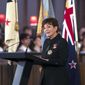 New Zealand&#39;s Governor-General Patsy Reddy speaks during a national memorial service for Prince Philip at the Cathedral of St. Paul in Wellington, New Zealand. Prince Philip was remembered as frank, engaging and willing to meet people from all walks of life during his 14 visits to the country. (Robert Kitchin/Pool via AP)