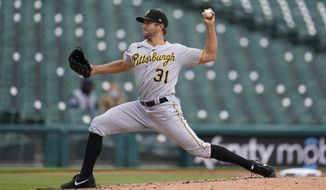 Pittsburgh Pirates pitcher Tyler Anderson throws against the Detroit Tigers in the third inning during the first game of a doubleheader baseball game in Detroit, Wednesday, April 21, 2021. (AP Photo/Paul Sancya)