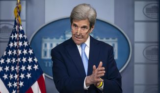Special Presidential Envoy for Climate John Kerry speaks during a press briefing at the White House, Thursday, April 22, 2021, in Washington. (AP Photo/Evan Vucci) ** FILE **
