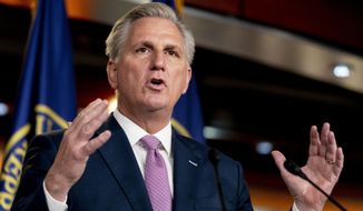 House Minority Leader Kevin McCarthy of Calif., speaks during his weekly press briefing on Capitol Hill, Thursday, April 22, 2021, in Washington. (AP Photo/Andrew Harnik) ** FILE **