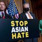 Sen. Richard Blumenthal, D-Conn., left, accompanied by Senate Majority Leader Chuck Schumer of N.Y., and Sen. Mazie Hirono, D-Hawaii, speaks at a news conference after the Senate passes a COVID-19 Hate Crimes Act on Capitol Hill, Thursday, April 22, 2021, in Washington. (AP Photo/Andrew Harnik)