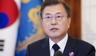 South Korean President Moon Jae-in speaks during the virtual Leaders Summit on Climate, at the presidential Blue House in Seoul, South Korea, Thursday, April 22, 2021. (Lee Jin-wook/Yonhap via AP)