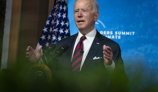 President Joe Biden speaks to the virtual Leaders Summit on Climate, from the East Room of the White House, Thursday, April 22, 2021, in Washington. (AP Photo/Evan Vucci)