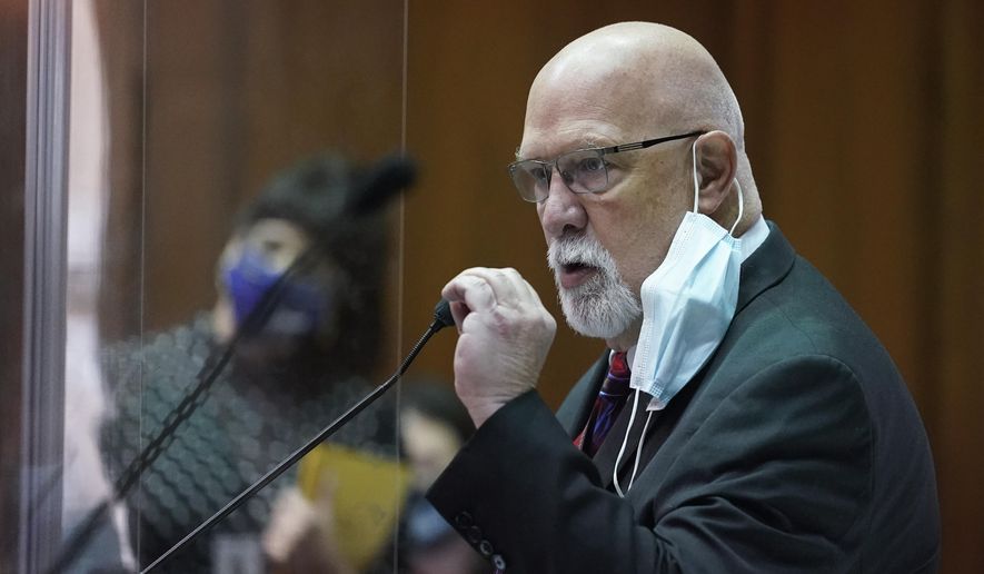 State Rep. Tim Brown, R-Crawfordsville, speaks on a bill at the Statehouse, Thursday, April 22, 2021, in Indianapolis. (AP Photo/Darron Cummings)