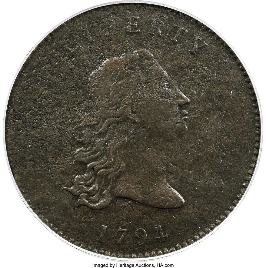 This undated photo provided by Heritage Auctions shows the front of a piece of copper that was struck by the U.S. Mint in Philadelphia in 1794 and was a prototype for the fledgling nation&#39;s money. The item, which is known as the “No Stars Flowing Hair Dollar,&amp;quot;  is owned by businessman and Texas Rangers co-chairman Bob Simpson and will go up for auction at Heritage Auctions in Dallas on Friday, April 23, 2021. (Emily Clements/Heritage Auctions via AP)
