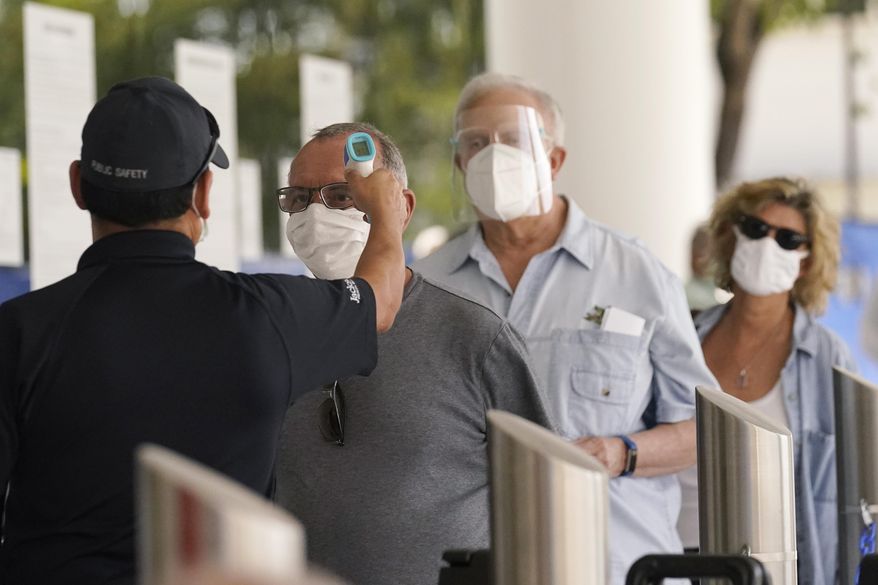 In this Feb. 8, 2021, file photo, Florida seniors have their temperatures taken before receiving the second dose of the Pfizer COVID-19 vaccine at Jackson Health System in Miami. COVID-19 hospitalizations are plunging among older Americans. (AP Photo/Marta Lavandier, File) **FILE**